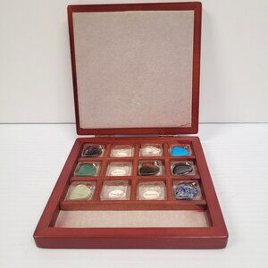 8 Heart Shaped Gem Stone Keepsake Pendants Vintage Wooden Box Partial